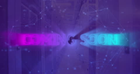 Coming Soon Text Overlaid on Server Room With Digital Networks