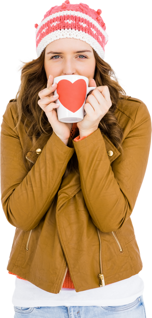 Happy Young Woman Holding Heart Mug in Warm Clothing on Transparent Background - Download Free Stock Videos Pikwizard.com