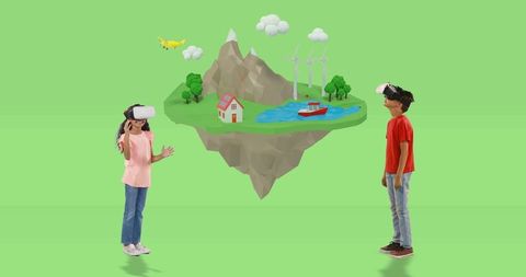 Children exploring virtual world with vr headsets in classroom