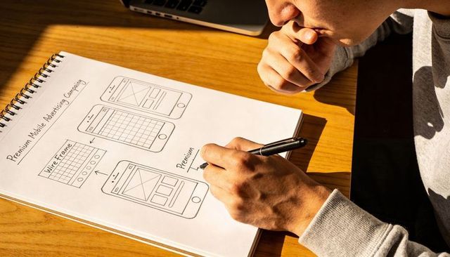 Designer sketching mobile app wireframes in spiral notebook on sunlit wooden desk for ux prototype p