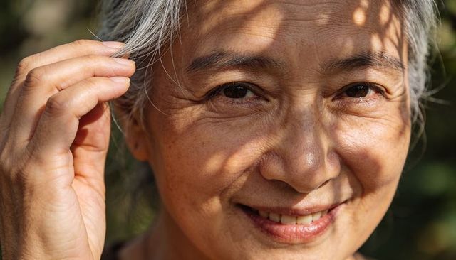 Smiling senior asian woman touching hair with leaf shadows, closeup outdoors portrait