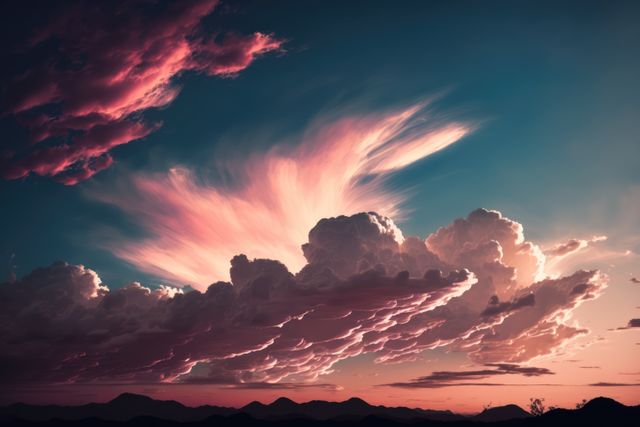 Dramatic sunset scene with vibrant clouds illuminated by the setting sun over mountain range silhouettes. Ideal for use in travel advertisements, motivational posters and background art. Image captures natural beauty and serene evening atmosphere, perfect for invoking inspiration and tranquility.