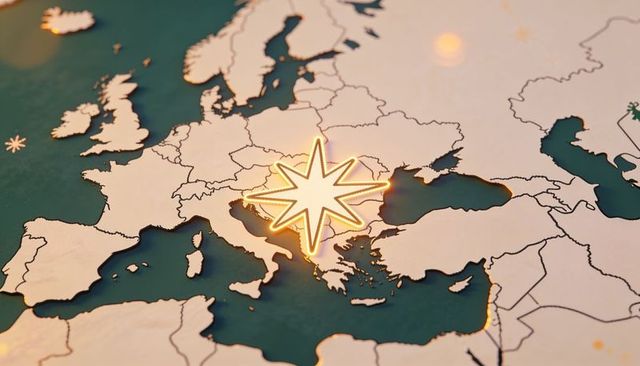 Golden eight-pointed star marking europe map, glowing location emblem on stylized atlas