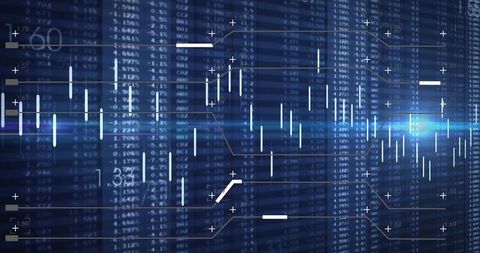 Displaying futuristic candlestick trading charts with neon analytics and data columns