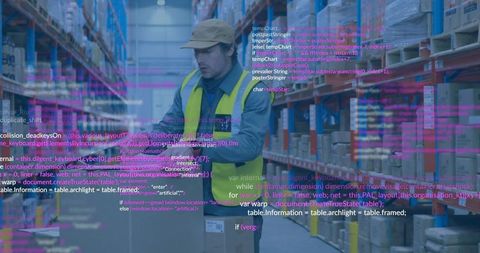 Warehouse efficiency: worker handling box with tech overlay