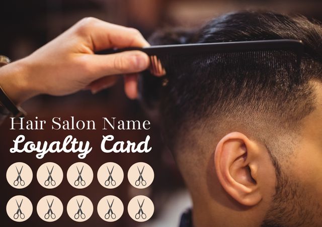 Hair salon loyalty card template featuring a man receiving a haircut. Ideal for hair salons offering customer loyalty programs, promotional material, or rewards system design ideas.