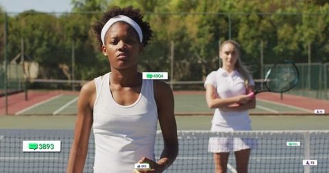 Teen tennis player serving on outdoor court with social media metric overlays