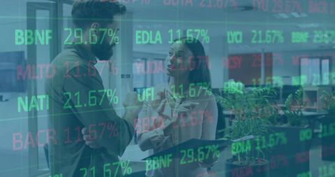 Business Colleagues Analyzing Stock Market Trends in Office Setting