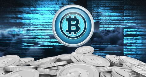 Digital bitcoins on clouds with futuristic binary code