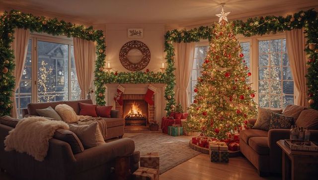 Cozy Living Room Scene with Christmas Tree and Festive Decorations