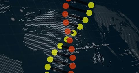 Digital DNA helix visualizing global data network over dotted world map with neon nodes