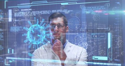 Doctor analyzing virus with futuristic data stream and interface
