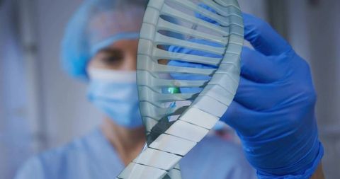 Clinician wearing surgical cap, mask, scrubs and gloves holding clear dna helix model