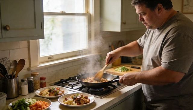 Hispanic man cooking in home kitchen stirring skillet with wooden spatula plating hearty family meal