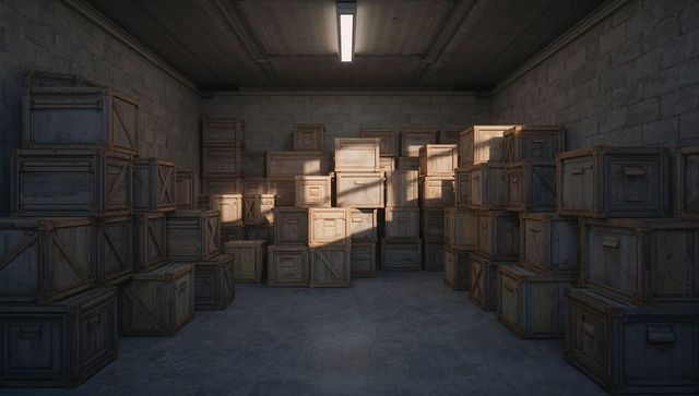 Sunlight streaming through industrial warehouse illuminating stacked wooden crates aisle