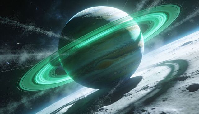 Green-ringed gas giant hovering above cratered moon surface casting dramatic ring shadow