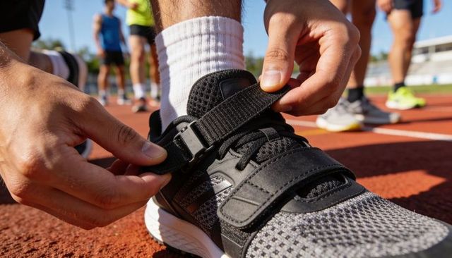 Athlete fastening black velcro performance sneaker on red running track preparing for race