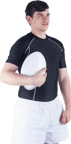 Confident rugby player holding rugby ball in transparent background