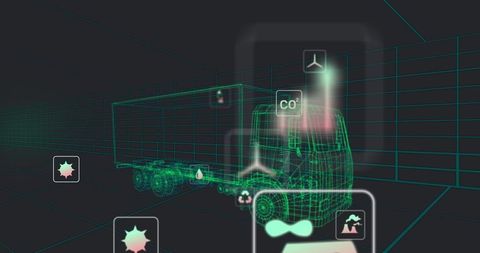 Futuristic Wireframe Truck with CO2 and Recycling Icons