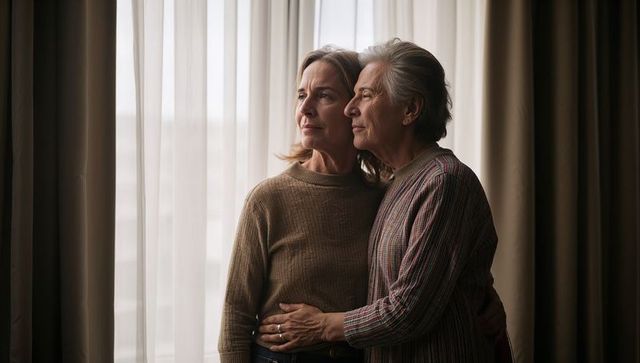Senior same-sex couple embracing by window, gazing outward with quiet affection and warmth