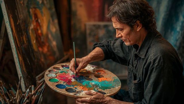 Artist mixing vibrant colors on palette in creative art studio