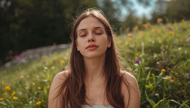 Young woman relaxing in sunlit wildflower meadow with eyes closed, serene portrait