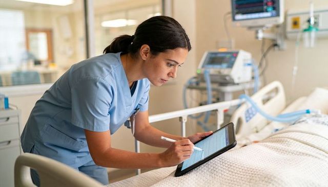 Nurse entering electronic chart on tablet at hospital bedside, modern digital healthcare