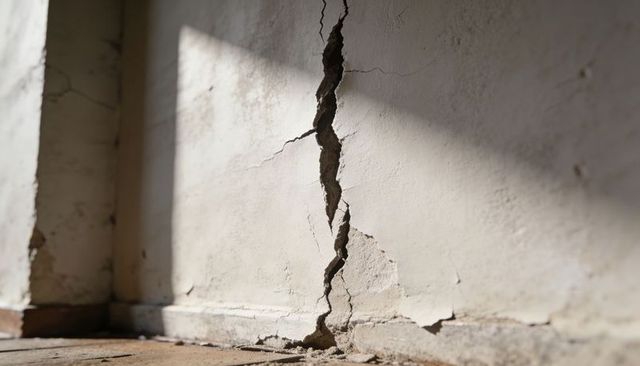 Sunlit Interior Wall Crack Revealing Crumbling Plaster and Baseboard Damage