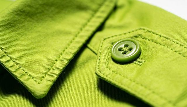 Lime green twill shirt collar featuring stitched tab and matching four-hole button macro