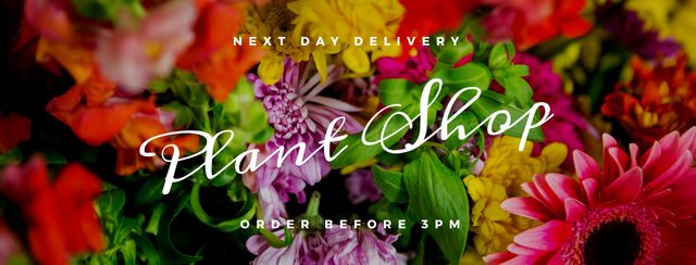 Composition of next day delivery plant shop order before 3pm text over flowers. Banner maker concept digitally generated image.