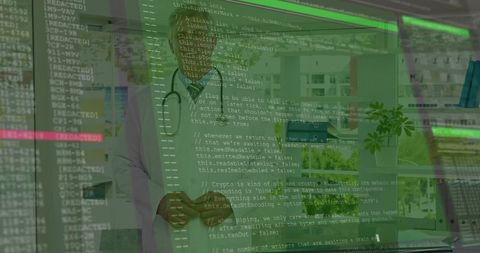 Doctor Analyzing Code with Stethoscope and Digital Interface