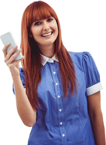 Smiling Woman Holding Smartphone Against Transparent Background