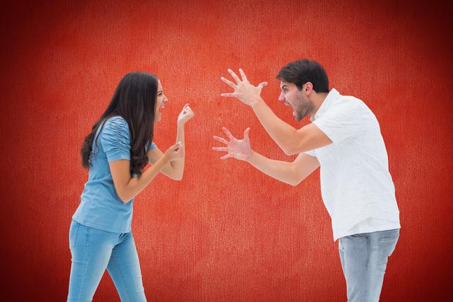 Digital composite of Angry couple arguing over red background