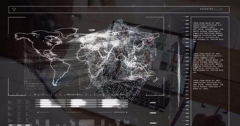 Digital interface with world map and code for data analysis