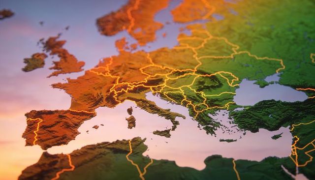 3d topographic map showing mediterranean with glowing country borders and terrain relief