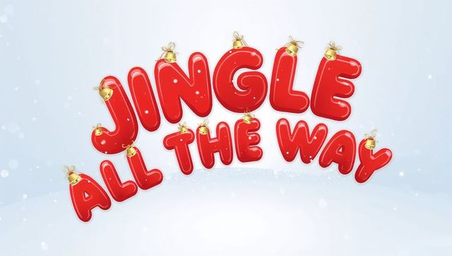 Jingle all way glossy red balloon letters with gold caps and snowy blue bokeh