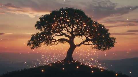 Magical Tree Silhouette with Glowing Lights at Dusk