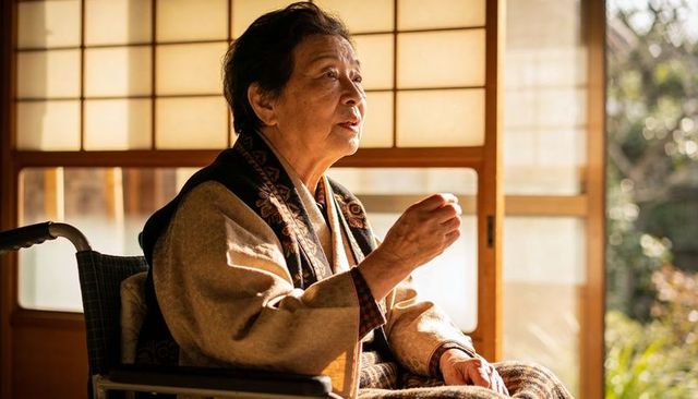 Senior asian woman sitting in wheelchair wearing kimono and shawl in sunlit washitsu