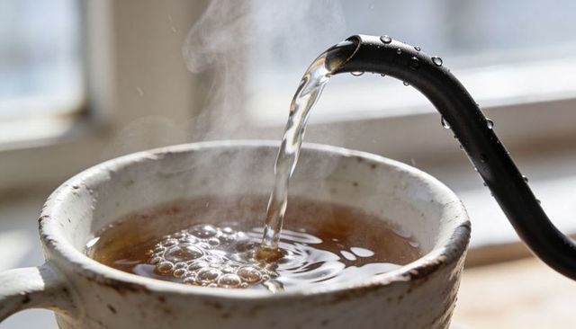 Backlit pouring from gooseneck kettle into speckled ceramic mug with steam, amber swirl