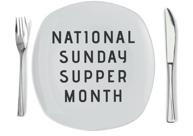 Digital composite image of national sunday supper month text on plate amidst fork and table knife. symbol and cutlery.