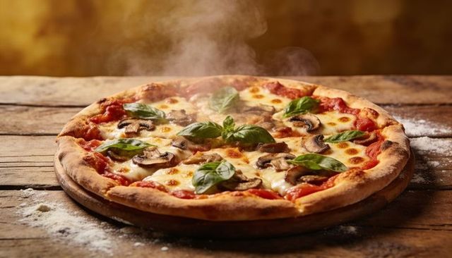 Steaming mushroom and basil pizza on rustic wooden board, melted cheese aroma