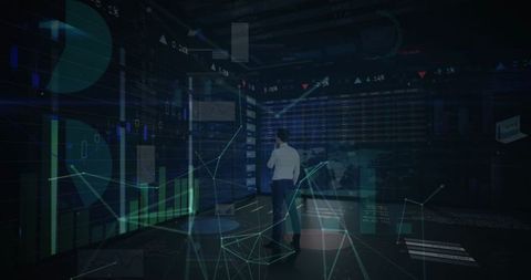 Businessman Analyzing Financial Graphs in Digital Space