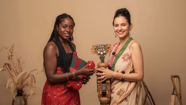 Women holding handwoven textile and carved wooden sculpture, cultural craft portrait