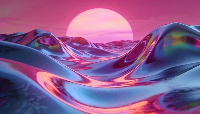 Shimmering chrome waves glowing under neon sun surreal futuristic seascape render