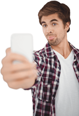 Trendy Man Taking Selfie with Funny Expression on Transparent Background