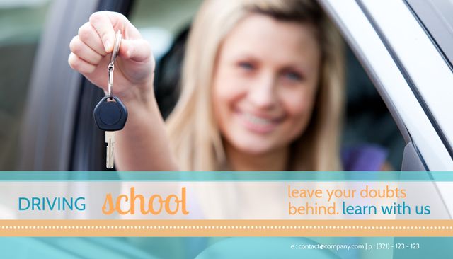 Smiling Woman with Car Keys Promoting Driving School and Lessons - Download Free Stock Templates Pikwizard.com