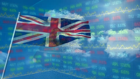 UK Flag Over Financial Data and Stock Market Analysis Animation
