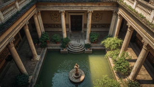 Sunlit classical courtyard featuring central fountain, marble columns, tiled mosaics