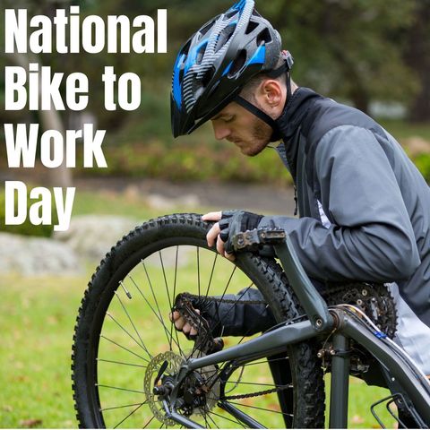 cyclist readying bike for national bike to work day - Download Free Stock Templates Pikwizard.com