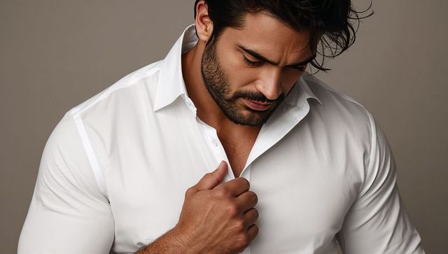 Adjusting fitted white shirt, bearded man looking downward in moody studio portrait